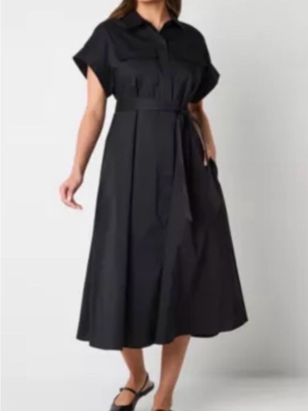 Worthington Black Shirtwaist Midi Dress with Tie Waist